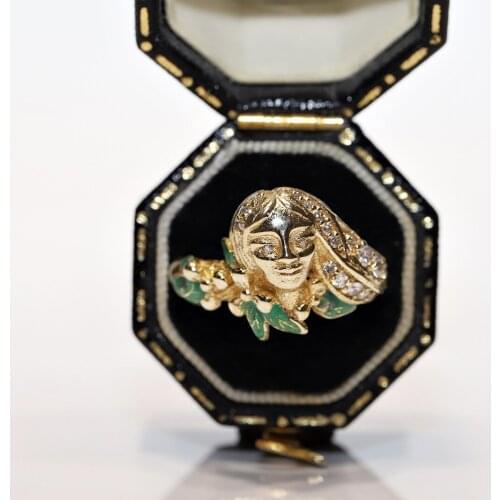 Victorian Style New Made 14K Gold Natural Diamond And Enamel Decorated Pretty Lady Decorated Ring
