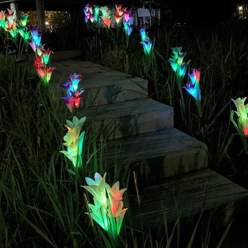 Outdoor Solar Garden Stake Lights with 4 Lily Flower Multi-color Changing LED Solar Landscape Lighting Light for Garden Patio 2