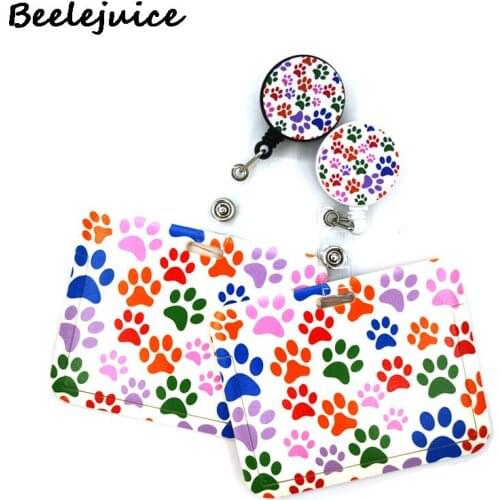 Colorful Dog Paws Horizontal ID Retractable Badge Holder Reel ID Badge Holder Clip Key Name Card Keychain Nurse Work Decorations