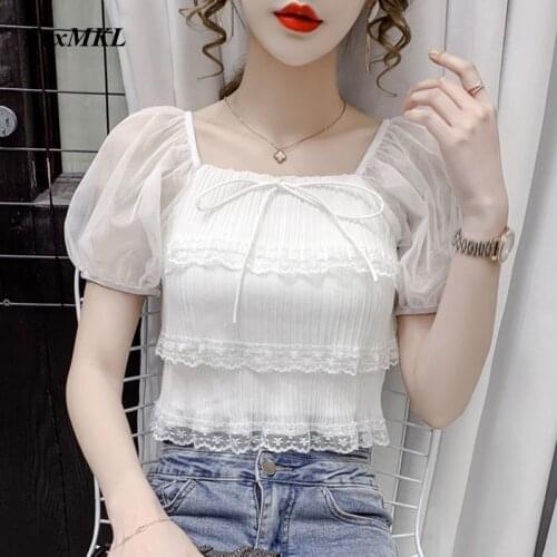 Womens Tops and Blouses Summer 2021 Fashion Puff Sleeve Sexy White Black Crop Top Off Shoulder Lace Patchwork Chiffon Shirts