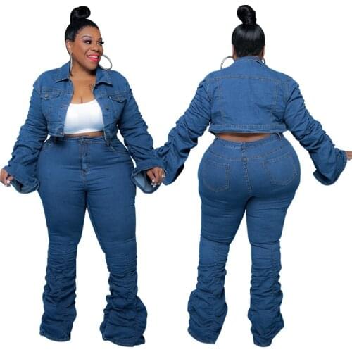 Stacked Pants Women Denim Two Piece Sets 2021 Autumn Streetwear Plus Size Single-breasted Jackets High Waist Jeans Outfits