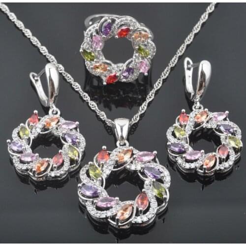 Flawless Multicolor Zirconia Womens Silver Color Jewelry Sets Wedding Jewelry Earrings/Pendant/Necklace/Rings QZ0376