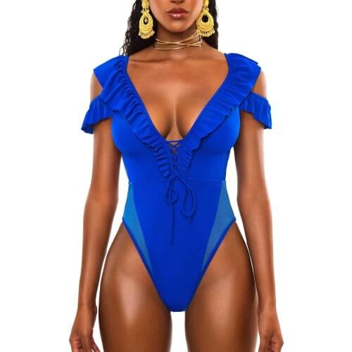 Women Onepiece Swimsuit V Bandage Ruffled Bikini Sexy Mesh Stitching One-piece Swimsuit Womens Triangle Swimsuit Bikini Design