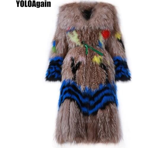 YOLOAgain Autumn Fashion Women Turn-down Collar Patchwork Long Knitted Fox Fur Coat Y006