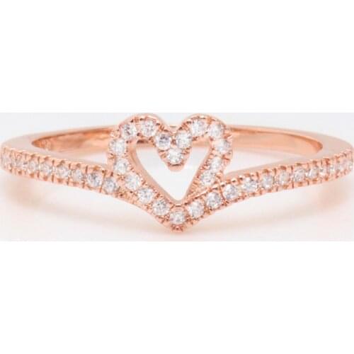 Original Rose Sparkling Wishbone Heart With Crystal Rings For Women 925 Sterling Silver Ring Wedding Party Gift Europe Jewelry