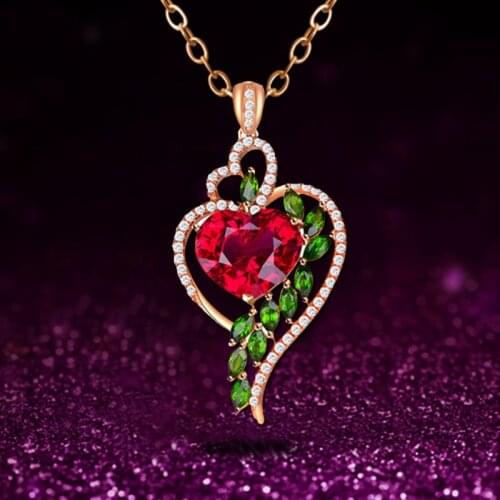New Fashion Womens Rose Gold Peach Heart Ruby Pendant Necklace Green 925 Silver Plated Diamond