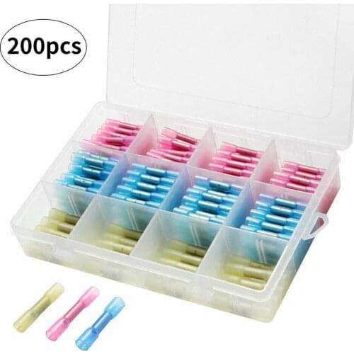200Pcs/Lot Insulated Heat Shrink Terminal Kits Butt Electrical Splice Wire Connectors Cable Crimp Assorted With Box Red Blue New