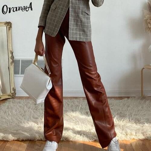 OrangeA Fashion Y2K Faux Leather Pants Women Straight Pockets Summer Elegant High Waist Trousers Office Lady Slim Vintage Pants