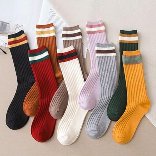 For Women College Style Colorful Stripes Long Socks Bright Color Polyester Breathable 1Pair Mid Tube Stockings