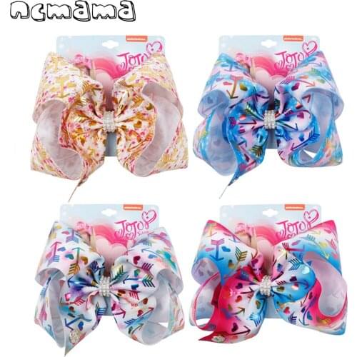 Ncmama 8" Large Hair Bows for Girls Print Ribbons Hair Clips with Rhinestone Hair Jojo Bowknot Kids Hairgrips Hair Accessories