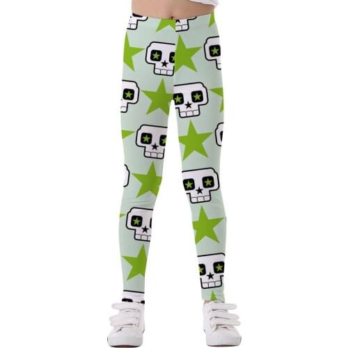 Kids Girls Skull Star Print Leggings Tights Green Children Princess European American Yoga Pants Fitness Sport Tights For 5-12Y