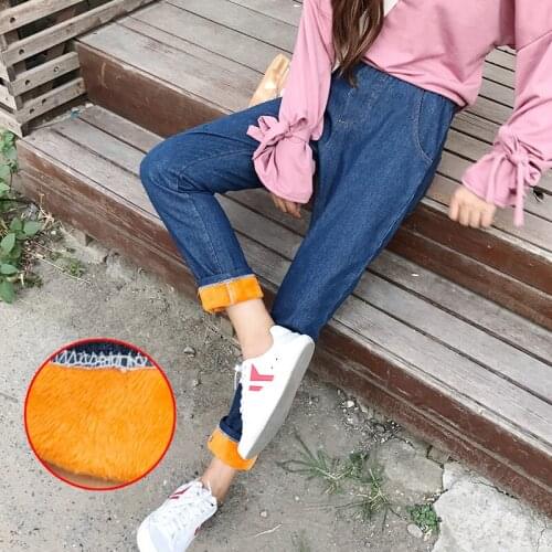 Plus size velvet thinck high waist elastic waist straight jeans woman large loose cusaul stretch ankle length denim ladies autum