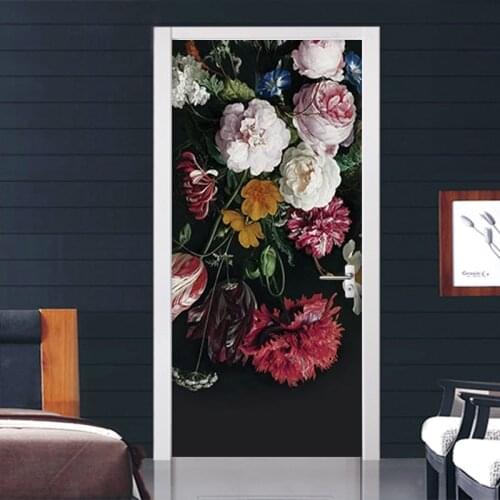European Style Retro Flowers Door Sticker 3D Hand-painted Mural Wallpaper Living Room Bedroom Wall Sticker 3D Decal Home Design