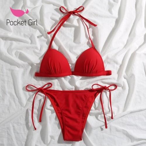 Pocket Girl 2021 Red Bikini Swimsuit Women Solid Swimwear Push Up Bikini Set Ladies Biquini Brazilian Summer Beach Bathing Suit