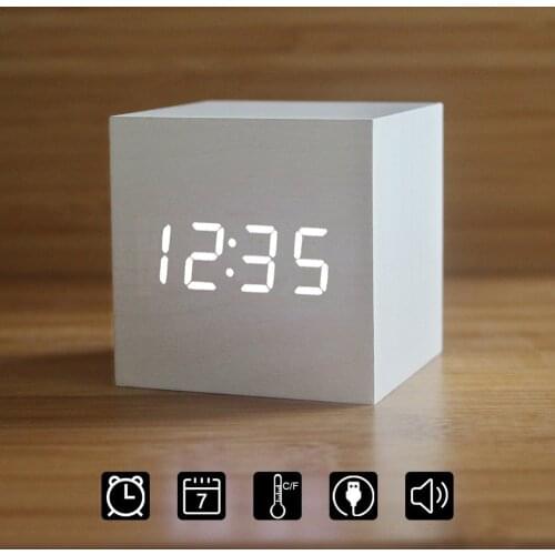 Mini Wood Sounds Control Clock New Modern Wood Digital LED Desk Alarm Clock Bedside Table Clock Calendar Table Decor