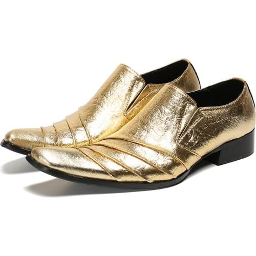 Christia Bella Gold Metal Pointed Toe Genuine Leather Dress Shoes Fashion Men Wedding Formal Leather Shoes Nightclub Party Shoes