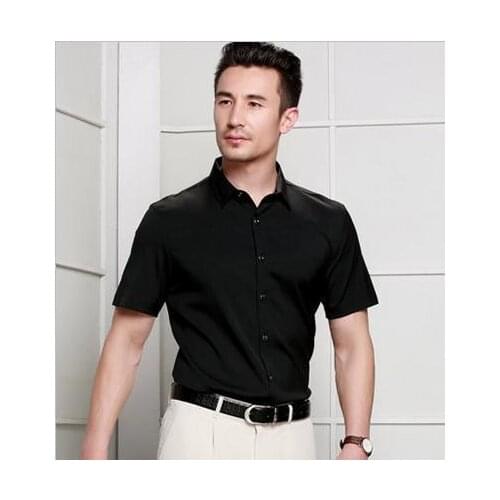 High-end brand mens business casual spring and summer mulberry silk pure color short sleeve shirt silk shirt 2019