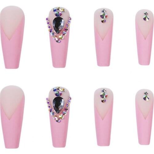 24Pcs/Set False Nail Tips Coffin Shape with Rhinestone Extra Long 3D Press on Nails Acrylic Decoration False Nails for Manicure