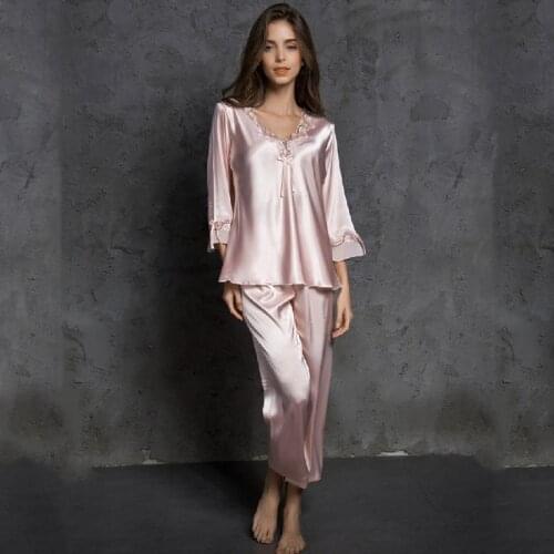 Ladies Sexy Silk Satin Pajama Set Lace Pyjama Set Long Pijama Set V-neck Sleepwear Summer Home Wear Sleep Wear For Women H878