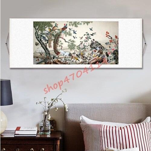 Hundred Birds Chaofeng Silk Scrolls Hanging Paintings, Fine Crafts Decorations, Collections