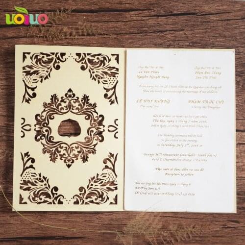Light gold 50pcs Classic Style Wedding Invitations Cards Custom Laser Cut Flower Printable Customizable couple birthday