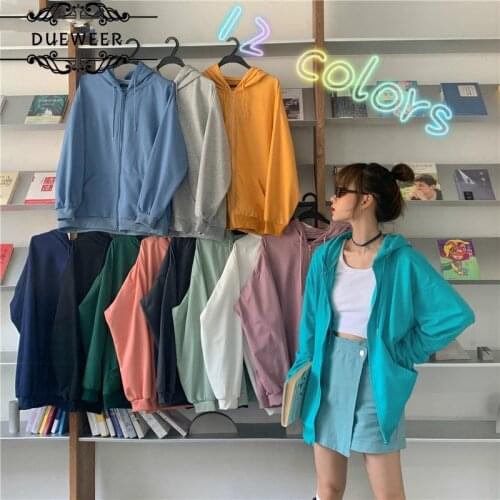 Hoodies Sweatshirts Women Solid Candy-colors Zip-up Autumn Thin Leisure All-match Females with Hat Simple Loose Street Wear Ins