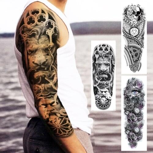 Rome Tribal Lion God Temporary Tattoo Sleeve For Men Women Skull Eye Rose Tattoo Fake Sticker Black Full Arm Waterproof Tatoos