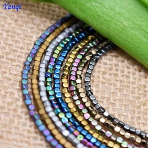 Yanqi 2mm Plated Shining Natural Stone Smooth Cube Square Hematite Beads Loose Spacer Beads For DIY Jewelry Making Bracelet 15"