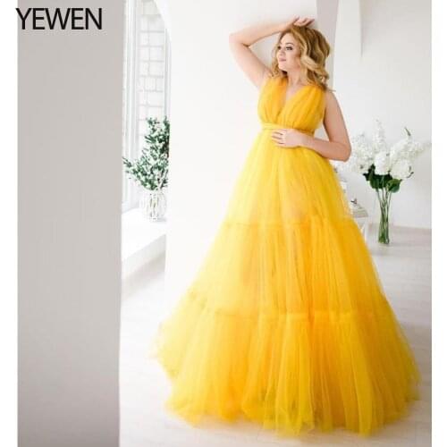 Bright Yellow Woman Maternity Photoshoot Baby Shower Dress Open Back Maxi Gowns Wedding Party Dress YEWEN