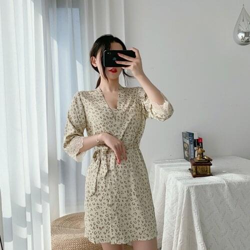 Leopard Nightwear Women Deep V-neck Bathrobe Nightgown 4PCS Sleepwear Sexy Lace Nighty&robe Set Nightdress Casual Home Dress
