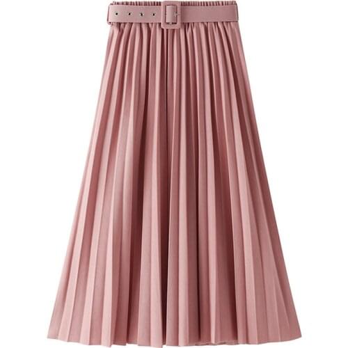 Elegant Midi Long Pleated Skirt Women 2021 Spring Summer Casual High Waist Skirts With Belt Female All-match Sun School Skirts