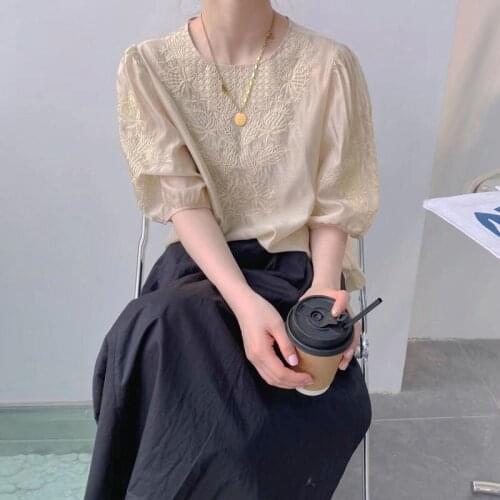 Lace Embroidery Solid Chiffon Women Blouse Summer New 2021 O-Neck Lantern Sleeved Loose Elegant Office Lady Pulls Tops