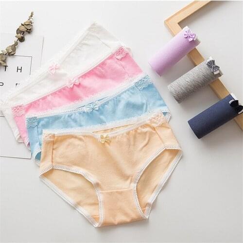Low Waist Lace Panties female autumn and winter new sexy comfortable panties female cute bow large size cotton striped briefs