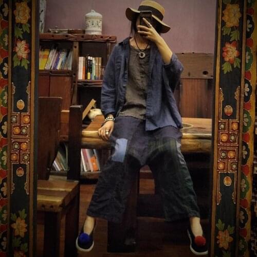 Johnature Calf-length Pants Casual Loose Elastic Waist Patchwork Flat Straight Trousers Handmade Comfortable Women Linen Pants