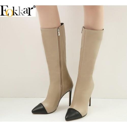 Eokkar 2020 Black Pointed Toe Women Thigh High Boots Super High Heel PU Leather Stiletto Heels Ladies Mid Calf Boots Size 34-45