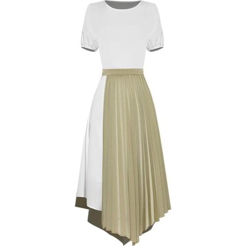 QUALITY Newest HIGH 2021 Designer Runway Suit Set Womens short Sleeve T-shirt Color Block Pleated Skirt Set