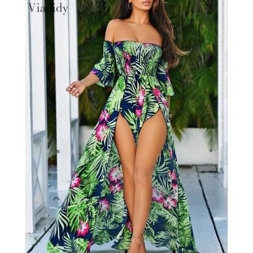Sexy Off Shoulder High Slit Print Maxi Dress Women Half Sleeve Backless Summer Beach Sundress