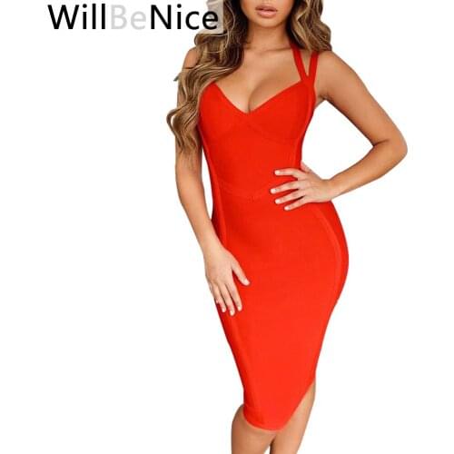 WillBeNice Red Celebrity Bandage Dresses 2019 New Arrival Summer Dress Women V Neck Halter Sexy Bandage Bodycon Club Dress
