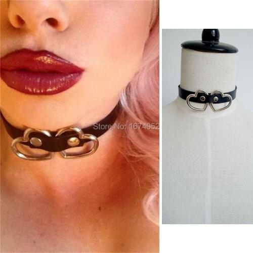 Punk Gothic Women Girl Handcrafted Handmade Double Heart Cut Out Leather Choker Collar Necklace
