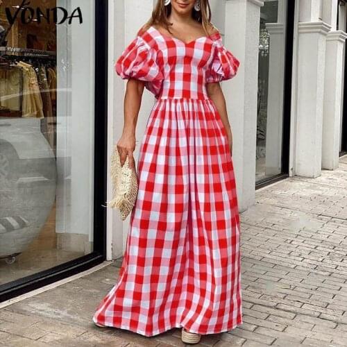 Women Dress 2021 VONDA Retro Puff Sleeve V Neck Backless Party Maxi Dress High Waist Checked Plaid Sundress Elegant Vestido Robe