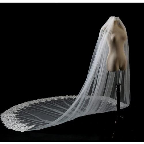 2020 Real Photos 5 Meters Partial Lace Edge One Layer Cathedral Wedding Veil with Comb Elegant Bridal Veil in Stock
