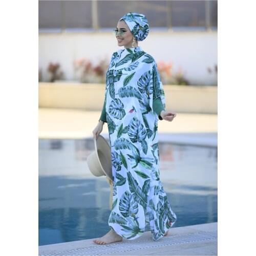 2021- 2022 Patterned On hijab Kaftan Tek Pareo Green Leaves MUSLIM BEACH MODASI SPECIAL DESIGN SUPERIOR QUALITY FABRIC