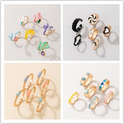 2021 Trend Vintage Goldedn Heart Rings Set for Women Fashion Red Green Color Resin Flower Love Heart Ring Wholesale Jewelry Gift