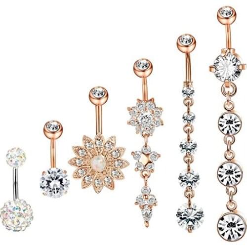 6Pcs Stainless Steel Belly Button Ring Body Jewelry Dangle Navel Ring 14G