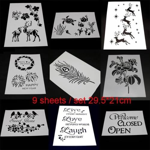 9pc Feather Painting Template Stencil Bullet Journal DIY Embossing Craft Accessories Sjablonen For Scrapbooking Decor Reusable