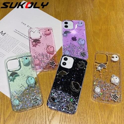 For iPhone 11 12 Pro Max XS Max XR X 7 8 Plus SE 2020 Luxury Glitter Silicone Phone Case Transparent Bling Planet Back Cover