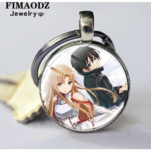 FIMAODZ Sword Art Online Keychain Metal Glass Cabochon Cartoon Figure Asuna Krito Photo Anime Key Chain Ring for Kids Keyring