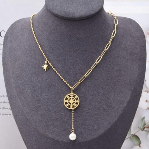 316L Stainless Steel New Upscale Jewelry Pearl Pendant Gold Color Stars Compass Charms Beaded Chain Choker Necklaces For Women