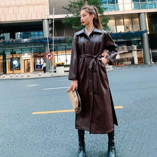 FMFSSOM PU Leather Long Jacket 2021 Autumn Women Loose Belt Faux Leather Dress Windbreaker Trench Coat Slim Spring Jacket