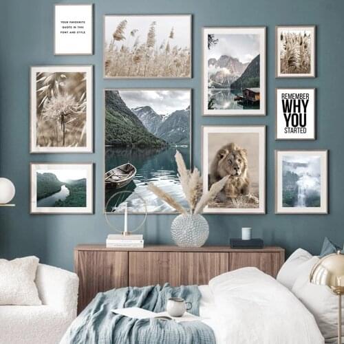 Mountain Lake Fog Reed Plant Lion Nature Wall Art Canvas Painting Nordic Posters And Prints Wall Pictures For Living Room Decor